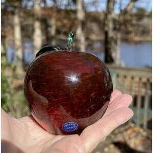 Larson Crystal Blown Glass Apple Paperweight Red Signed and w Label Made in USA